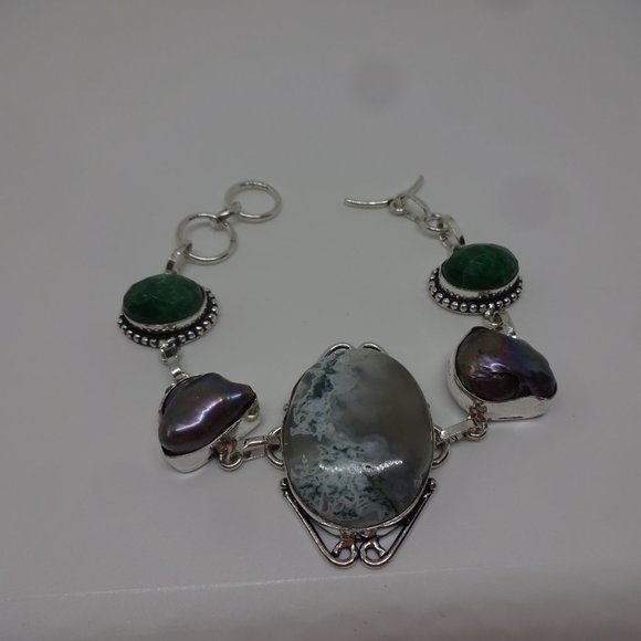 Gorgeous "BARICSITE JASPER, BIWA PEARL, JADE" Handmade Sterling Bracelet - Picture 3 of 3